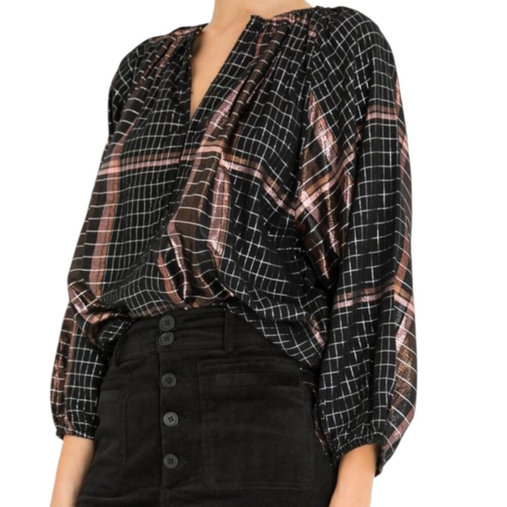 Apiece Apart Isla Blouse Black & Shimmery Bronze Peasant Plaid Woven Top 6